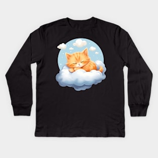 Sleepy Cat Dreams: Cartoon Cute Orange Kitty on Cloud Kids Long Sleeve T-Shirt